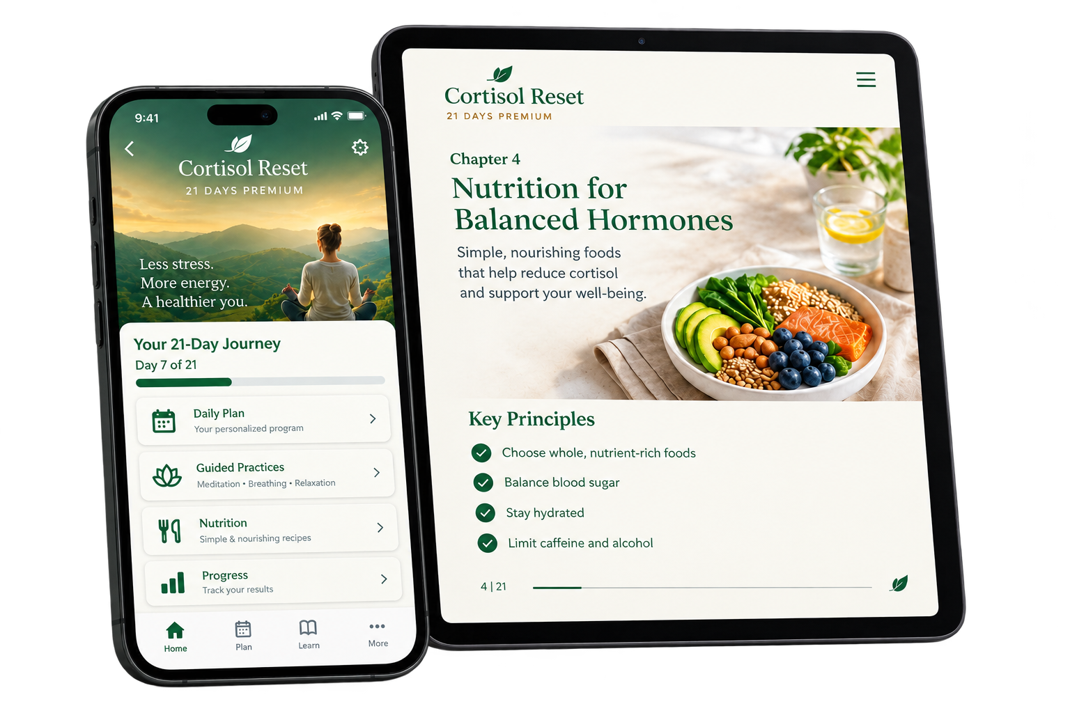 Cortisol 21 Days app on phone and tablet