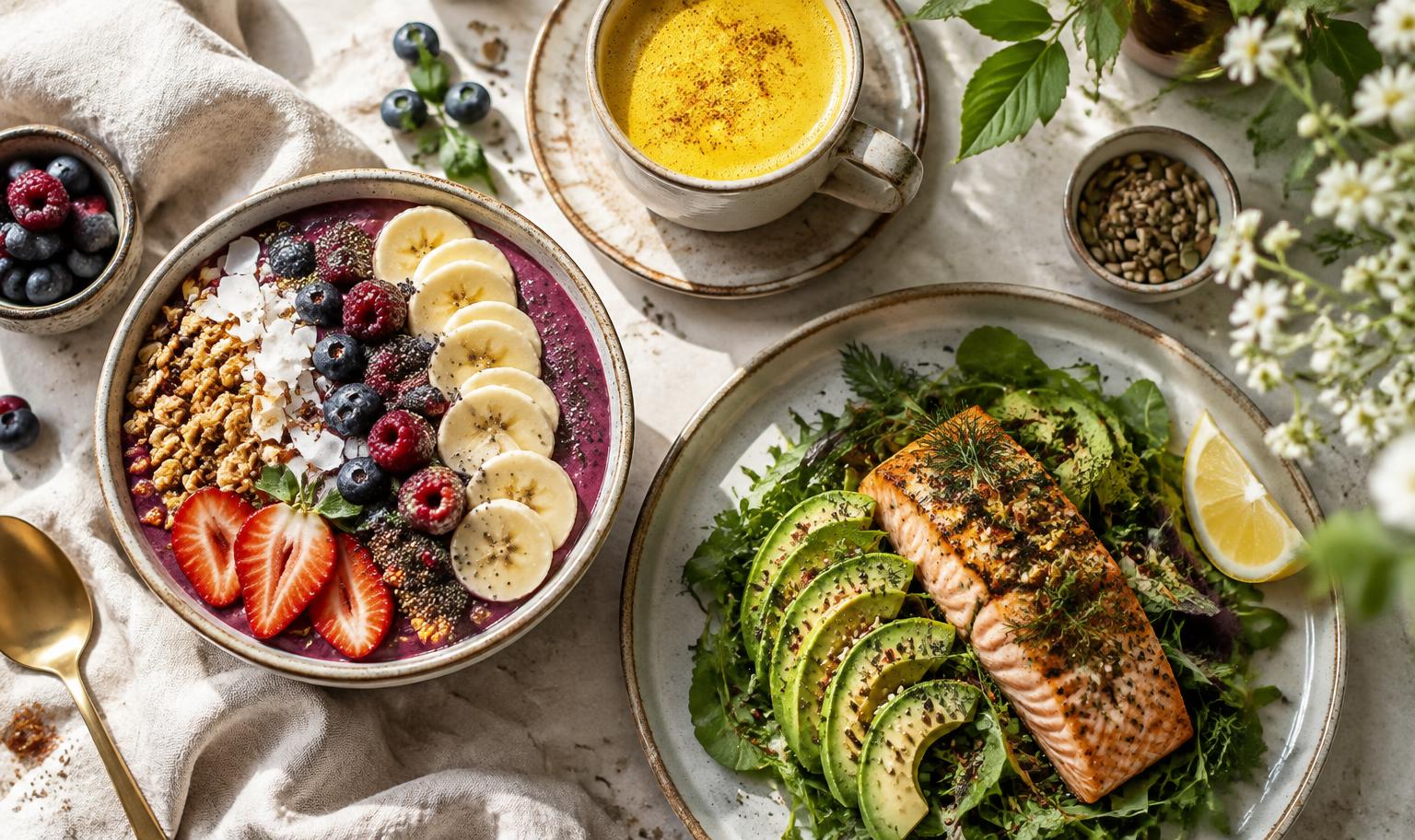 Smoothie bowl, salmon with avocado and golden turmeric latte